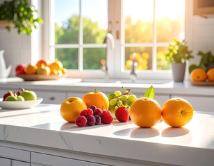 Fresh Fruit Arrangement on Kitchen Countertop with Natural Sunlight and Blurred Background