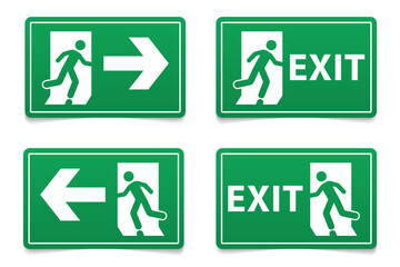 Collection Emergency fire exit sign, Emergency Exit sign board. Green emergency exit sign, Fire sign. Vector illustration