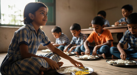 group of schoolchildren in uniform quietly sit on the floor, enjoying a nutritious midday meal in their classroom.