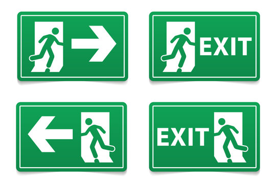 Collection Emergency fire exit sign, Emergency Exit sign board. Green emergency exit sign, Fire sign. Vector illustration
