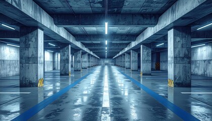 Empty Industrial Underground Parking Garage with Blue and Yellow Markings