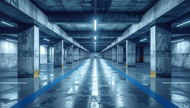 Empty Industrial Underground Parking Garage with Blue and Yellow Markings