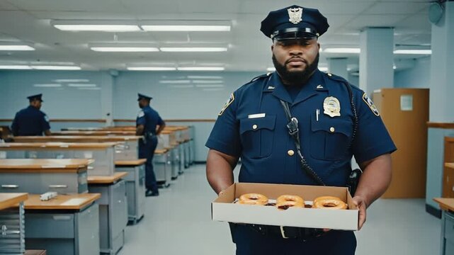 Police officer with a box of doughnuts at the police station.	

