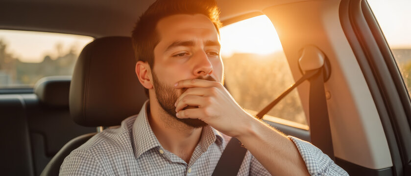 Stressed man in car deep in thought sunset light pensive expression driving contemplation emotional moment urban setting - Powered by Adobe