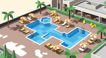 Graphical representation of a tropical resort with a pool and palm trees