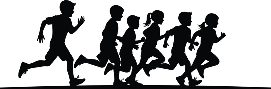 Black silhouette vector of a group of running children racing together isolated on white