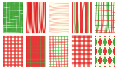 Christmas retro, vintage hand drawn abstract patterned backgrounds. French, Italian style patterns with strips, checkered and plaid vector pattern. Pastel colors festive abstract design bg.