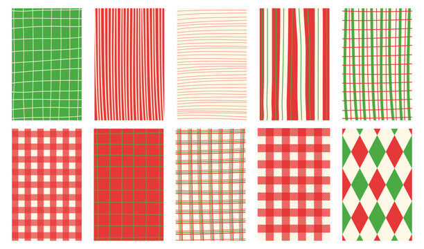 Christmas retro, vintage hand drawn abstract patterned backgrounds. French, Italian style patterns with strips, checkered and plaid vector pattern. Pastel colors festive abstract design bg.
