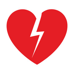 A red heart split by a lightning bolt, symbolizing sudden heartbreak and emotional shock isolated on white background