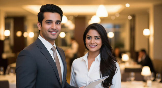 A professional man and woman in business attire smile and collaborate over documents in a modern office