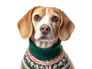 Cozy Beagle Dog Wearing a Festive Ugly Christmas Sweater Portrait isolated on transparent background