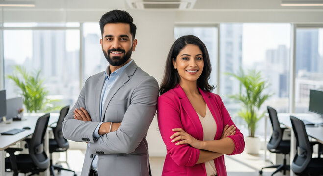 A professional Indian man and woman stand confidently with arms crossed in a modern office