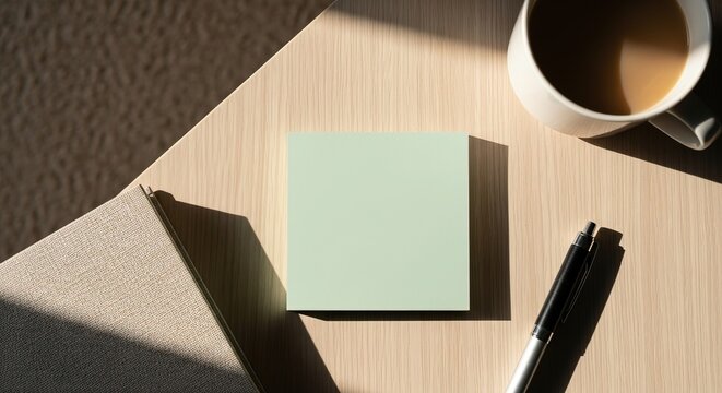 Sun-drenched office desk with a blank green memo pad providing ample copy space, next to a morning coffee and a pen