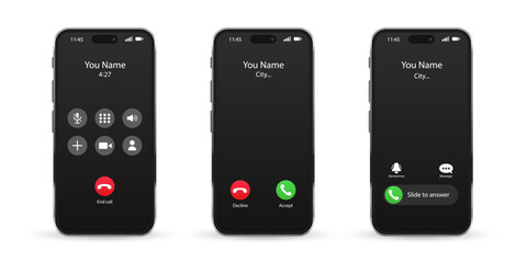Incoming call phone app on a screen. Phone calling app. Smartphone with call in screen. Accept button, Reject button. Incoming call. Call screen template. Vector illustration