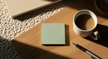 Workspace Overhead Shot A Pastel Green Note Pad, Pen, and Coffee Cup Bathed in Warm Sunlight