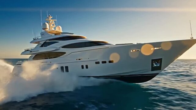 Luxury Superyacht Speeding Across Ocean at Golden Sunset