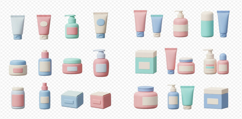 A collection of 3D rendered pastel cosmetic and skincare product containers including tubes, bottles, jars, and boxes on a transparent background.