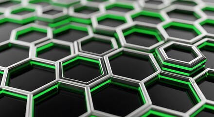 Luminous Green Accents on Metallic Hexagon Grid Background Design