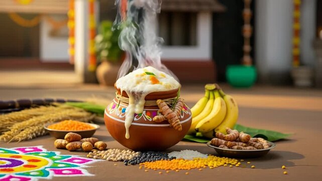 A traditional pongal pot overflowing with rice and milk, surrounded by bananas, sugarcane, and other offerings in a festive setting video