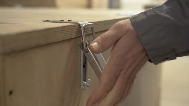 Warehouse worker closes wooden crate with a lever latch. Concept of packaging, storage, and cargo transportation