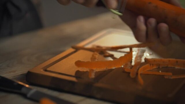 A person skillfully peels fresh carrots using a peeler over a wooden cutting board. This activity takes place in a cozy kitchen, likely during meal preparation time
