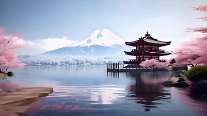 A vivid portrayal of a serene landscape with a majestic Mount Fuji in the background, surrounded by cherry blossom trees and a traditional Japanese pagoda. The scene is bathed in a soft.