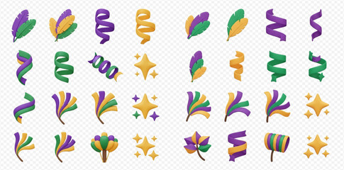 A collection of Mardi Gras themed elements including feathers, confetti, streamers, and sparkling stars in purple, green, and gold colors.