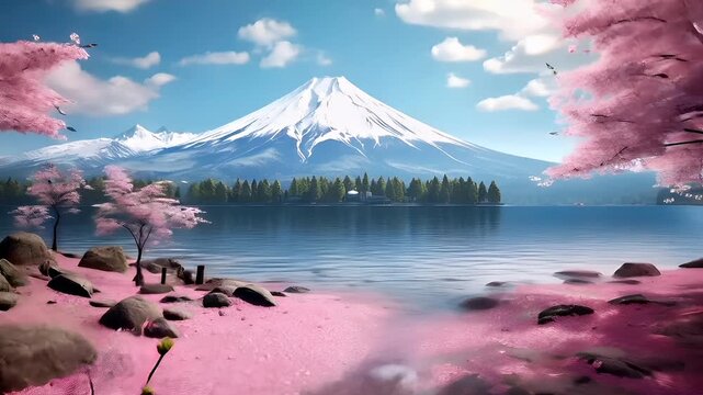 A vivid, highresolution digital artwork of a serene seascape with a majestic Mount Fuji in the background. The scene is bathed in a soft, pinkish hue, suggesting a tranquil atmosphere.