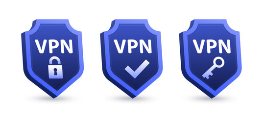 Set 3d VPN of shield with key, lock sign and check mark. Design concept of private network connectivity. Technology security shield. Virtual private network, password protection. Vector illustration