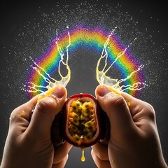 Naklejka premium Exotic fruit burst: Vibrant juice splash with rainbow effect illuminating a passion fruit split