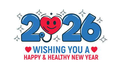 2026 Happy New Year Greeting with Heart and Stethoscope Health Theme Illustration