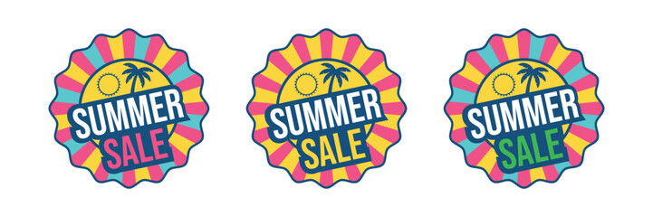 Colorful summer sale badge set of vector with sun, palm tree, and retro rays background. Perfect for discount promotion and marketing.