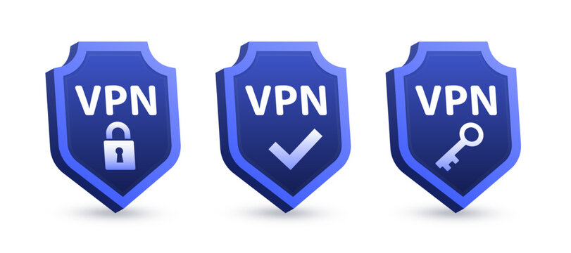 Set 3d VPN of shield with key, lock sign and check mark. Design concept of private network connectivity. Technology security shield. Virtual private network, password protection. Vector illustration - Powered by Adobe