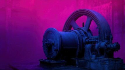 Industrial machinery in moody lighting, showcasing vintage mechanical engineering against a colorful atmospheric backdrop for artistic and industrial themes.