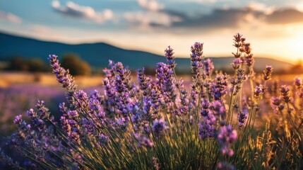 Naklejka premium Vibrant Lavender Field Under Golden Sunset Light with Scenic Mountains in Background Capturing the Essence of Nature's Beauty and Serenity in Summer