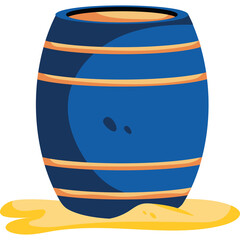 Blue Wooden Barrel With Yellow Liquid Spilling Onto The Ground Featuring Orange Bands And A Transparent Background