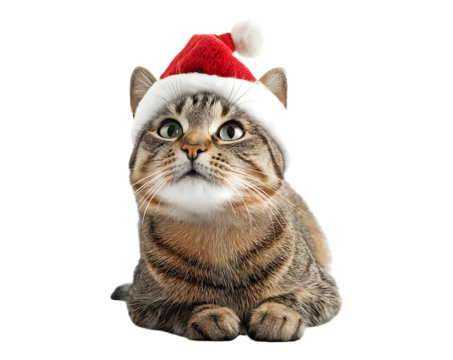 Cute Tabby Cat Wearing Santa Hat isolated on transparent background for Christmas Holidays.