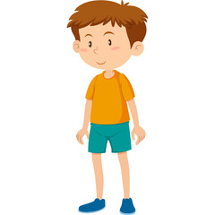 Cartoon Boy Standing Still Wearing Orange T Shirt Blue Shorts and Blue Shoes with Transparent Background