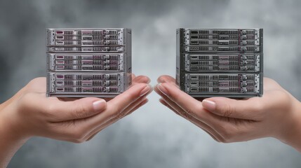 Digital Infrastructure Transformation showcasing Symmetric Data Servers held by Hands representing Advanced Technology Security and Future Preparedness in Cyber Environment