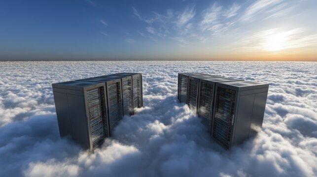 Innovative data center architecture floating among clouds representing modern cloud computing solutions and transformative digital landscapes enhancing connectivity and efficiency