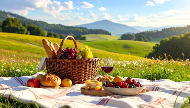 Romantic Picnic in a Sunny Mountain Meadow.