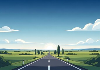 Scenic countryside road vector illustration beneath calming blue skies