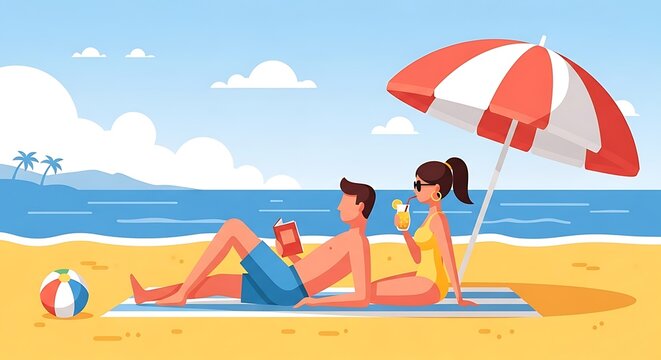 Young couple enjoying a sunny day on a tropical beach. - Powered by Adobe