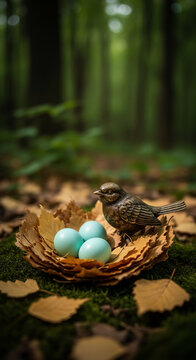 Detailed bird statuette and three blue eggs inside a leaf nest on moss. Symbolizing nature, new life, growth, and springtime, set against a forest background