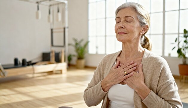 Senior woman practicing mindfulness and deep breathing relaxation indoors working wellness, peace and mental health with copy space.