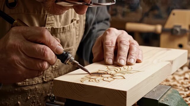 Man uses wood burning tool to etch flower design on wood