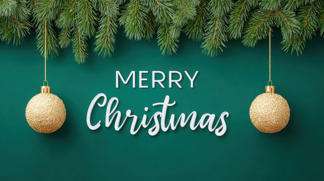 Merry Christmas banner with golden baubles hanging from green pine branches on dark green background creating festive holiday cheer - Powered by Adobe