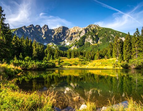Scenic view of a lake reflecting mountains, trees, and clear blue sky