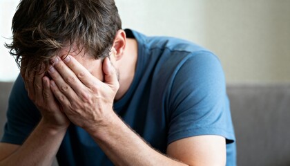 Fototapeta premium Close up of a depressed man sitting with hands on face, concept of stress, anxiety, sadness and male mental health crisis.