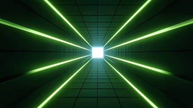 Bright Tunnel with Neon Green Lights and Square Opening for Futuristic Concepts and Creative Backgrounds in Digital Art and Design Projects